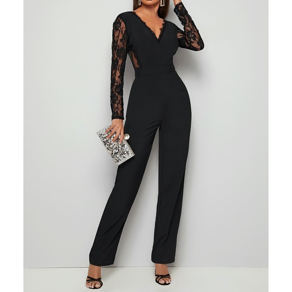 MBM Unlimited Pants - Black V Back Floral Mesh Lace Cocktail Jumpsuit